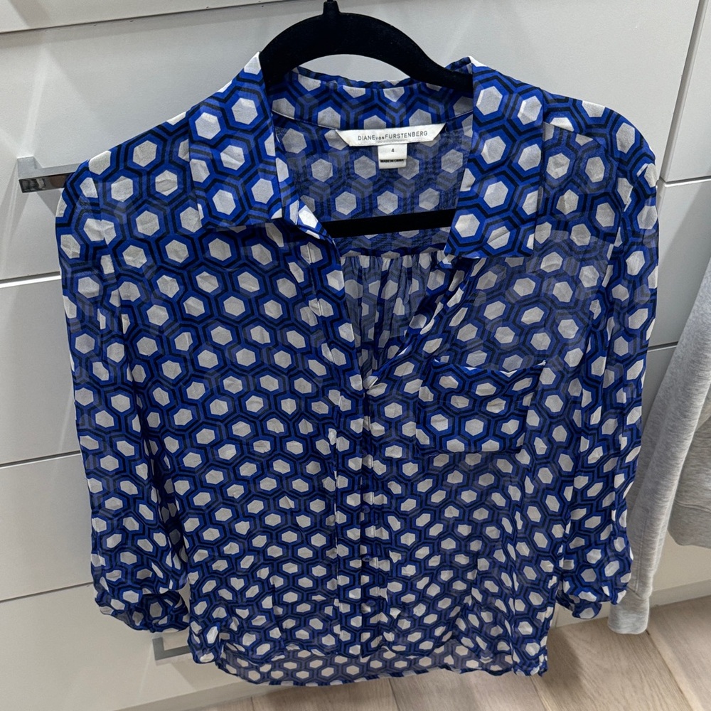 Equipment Blue and White Hexagon Blouse